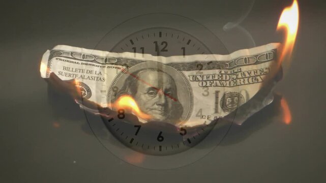 Small spark igniting right tip, USD100 bill burning and curling, clock overlay showing countdown