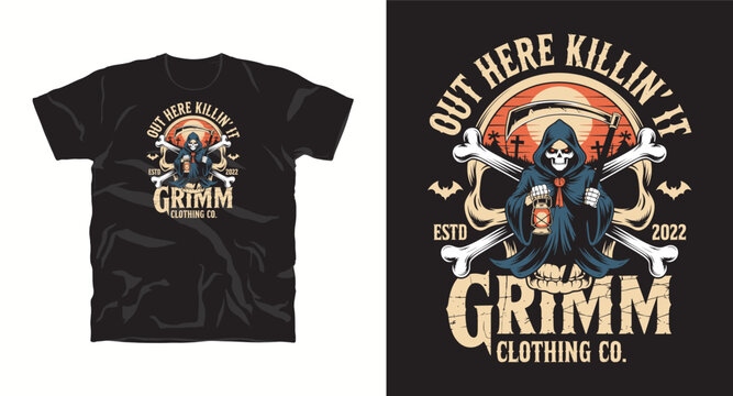 Grimm clothing co t-shirt design with grim reaper holding lantern, crossed bones, sunset, bats