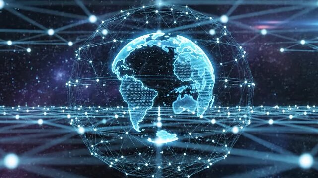 Digital Earth globe surrounded by a glowing network of interconnected lines