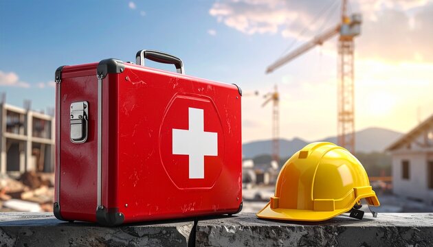 Construction Site Safety First Aid Kit and Hardhat Promoting Safe Work Environment and Worker Protection.