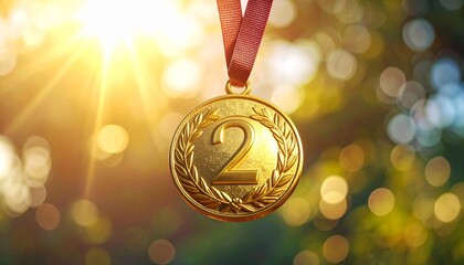 Golden Second Place Medal with Ribbon on Blurred Background Achieving Success and Recognition.