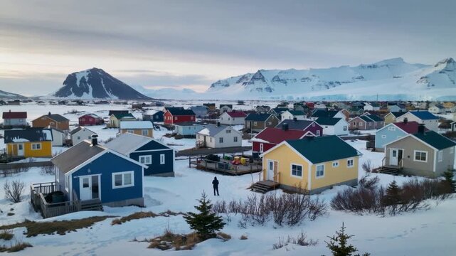 Surveying camera capturing snowy village while person wearing parka standing between cabins, tracks
