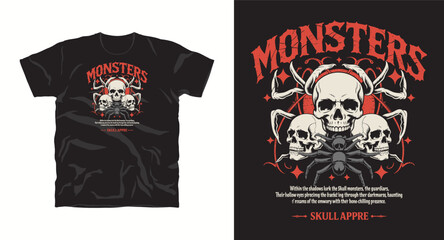 Gothic street wear t shirt design with skulls and spider in vintage horror style