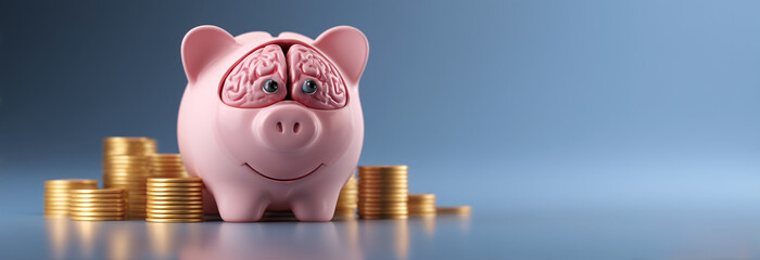 Smart Piggy Bank with Human Brain Surrounded by Gold Coins, Blue Background with Copy Space. Conceptual Image of Financial Intelligence, Saving Strategy and Intelligent Money Management. Generative Ai