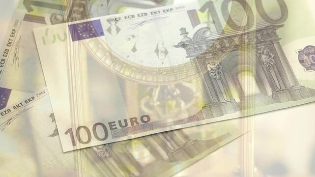 100 euro notes fading from upper-left sliding and settling over clock showing money covering time