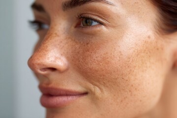Fototapeta premium Woman's face showing natural freckles on her cheek, nose, and skin