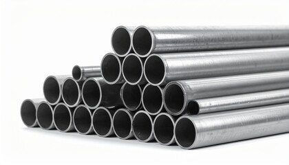 Stack of Metal Pipes Industrial Plumbing Supplies on White Backdrop Construction Materials Manufacturing Concept.