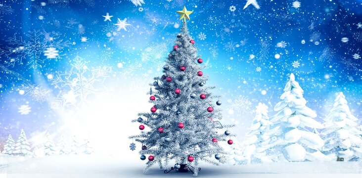 Christmas tree in snowy forest