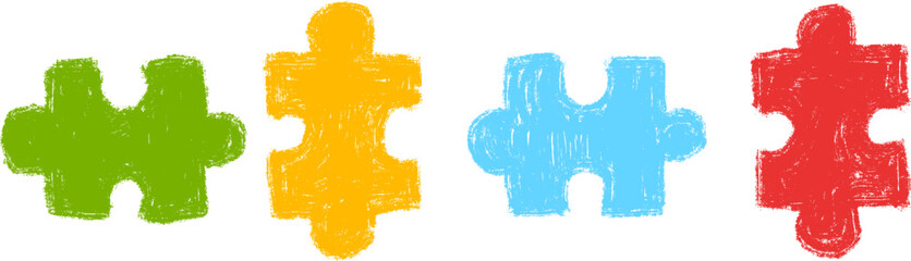 Colorful puzzle pieces in hand drawn cartoon doodle style made from pencil, marker or chalk crayon. Set scribble vector illustration elements for children book. © vvvisual