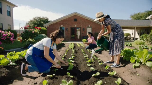 After prep, trio planting seedlings and watering at front-yard, straw hat, trowel and watering can
