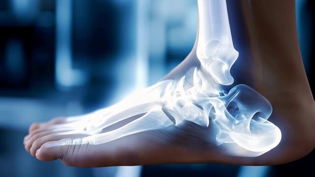 An x-ray of a foot illustrating the bones and alignment issues, serving as a crucial tool for podiatrists in evaluating injuries and developing treatment plans for patients suffering from foot