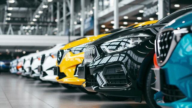 Dealer New Cars Stock. Cars For Sale Lot. Side view of luxury auto parked in a row. Selective focus on red, blue, gray shiny car. Car dealership showroom. Automotive industry sanction crisis concept.