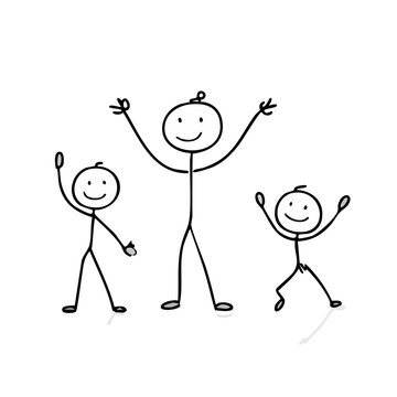 Happy stick figure family, one adult and two children, raising hands in joy, isolated white background.