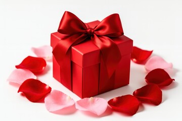 Obraz premium Red gift box with a satin bow surrounded by a circle of rose petals on white.
