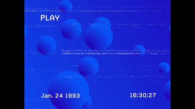 Timecode updating initiating blue spheres drifting inward, scanlines flickering, evoking retro PLAY