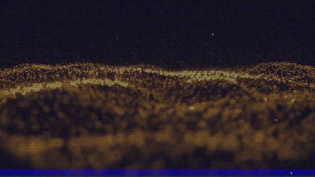 Camera moving forward down, golden particle dunes rising and relaxing, revealing cinematic tone