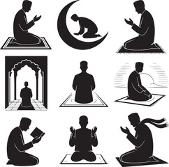 Silhouette of Muslim man in various prayer positions and reading Quran on white