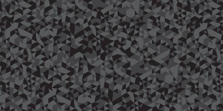 Abstract geometric black and gray background seamless mosaic and low polygon triangle texture wallpaper. Triangle shape retro wall grid pattern geometric ornament tile vector square element.