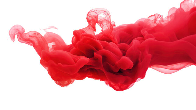 A vibrant red ink cloud suspended in water on transparent background