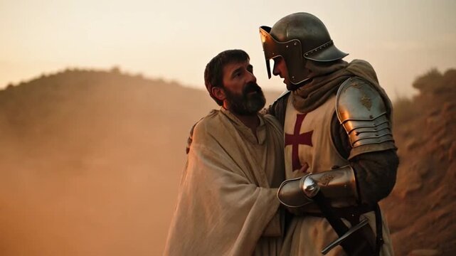 A knight in armor embracing a robed man in a desert landscape at sunset viewpoint from the side