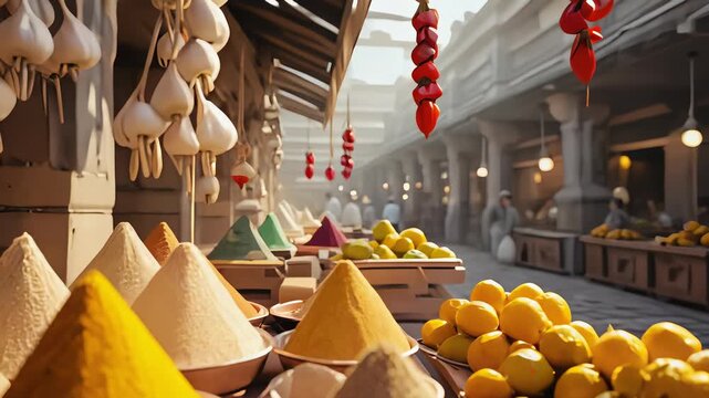 Vibrant Spice Market Stall with Colorful Piles of Seasonings and Fresh Produce Displayed for Sale.