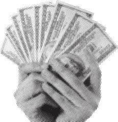 Hands holding a fan of one hundred dollar bills in halftone style. Vector halftone background. Dotted black and white overlay bg in punk style for collages.