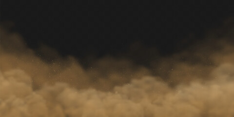 Plakat Dust sand storm with particles, realistic brown dirt effect for desert scenes and soil splash overlay on dark background