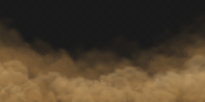 Dust sand storm with particles, realistic brown dirt effect for desert scenes and soil splash overlay on dark background
