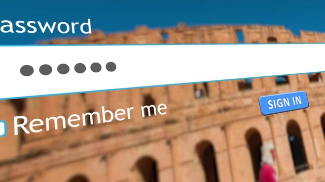 User types a password into a website form on the computer while the El Jem Colosseum is visible behind them. This shows the process of signing in online.