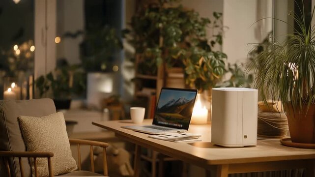 In a cozy home office, a portable high efficiency room heater offers warmth, complementing the stylish interior decor, highlighting energy efficiency and enabling maximum productivity on chilly