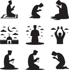 Silhouette of muslim men in various prayer positions and mosque scenery