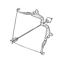 Ornate Cupid bow vector. Vintage archery tool with heart shaped arrow tip. Decorative romantic equipment in ink style.