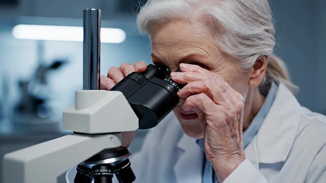 Elderly female microbiologist placing a sample on a glass slide and looking through the eyepiece of a microscope in a modern scientific research facility, discovering and smiling
