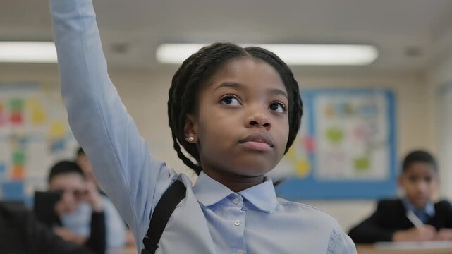 Focused Schoolgirl Raising Hand in Classroom, Engaging in Learning Activity, Education Concept