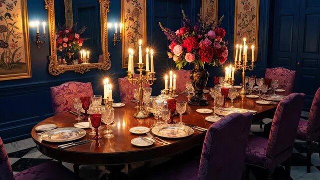 Lavish dining room with a formally set table featuring crystal glasses, fine china, and silver cutlery, illuminated by the warm glow of flickering candles in ornate candelabras
