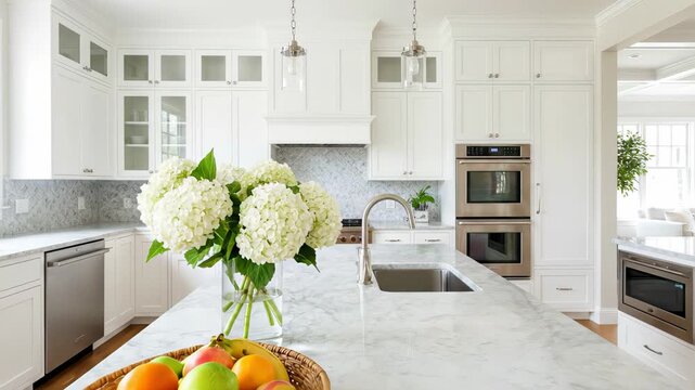 Bright and spacious luxury kitchen with white cabinets, a large marble island, stainless steel appliances, and a beautiful vase of white hydrangeas, showcasing elegant home interior design