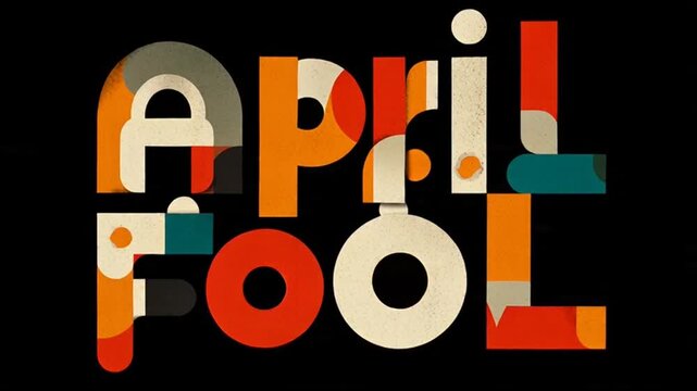 A colorful typographic design featuring the words 'April Fool' in a playful, mosaic-style font on a black background with a white space below, conveying a lighthearted and humorous mood for
