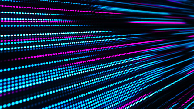 A rapid movement of glowing digital lines composed of blue and pink neon dots. A sense of speed and directional flow sweeps through virtual space. Vector