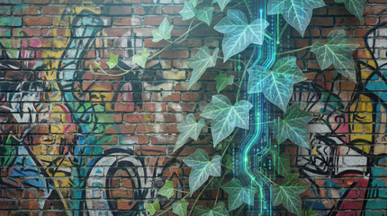 Obraz premium Digital circuit ivy growing on a colorful urban graffiti brick wall