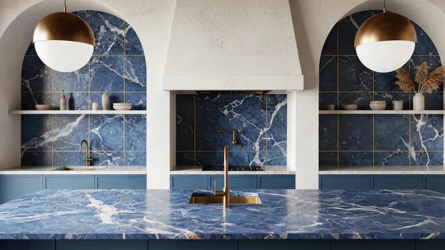 Sophisticated and modern kitchen featuring a large island, countertops, and backsplash made of striking blue marble with white and gold veins, complemented by elegant arched niches