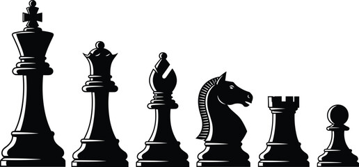 Black chess pieces set including king, queen, bishop, knight, rook and pawn, detailed silhouette vector illustration isolated on white background for strategy concept design © Rishad