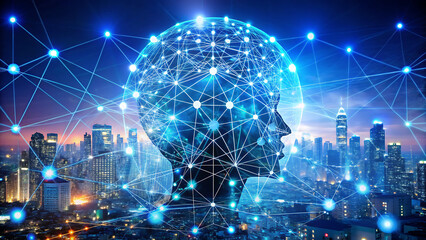 Obraz premium Digital network overlaying a city skyline with a human head silhouette, symbolizing AI, global consciousness, and the integration of technology with urban life.