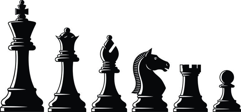 Black chess pieces set including king, queen, bishop, knight, rook and pawn, detailed silhouette vector illustration isolated on white background for strategy concept design