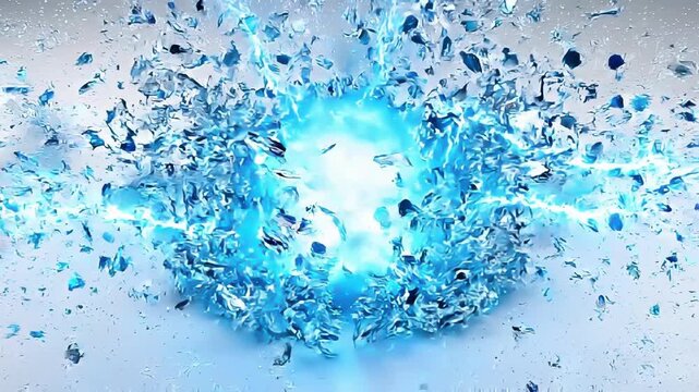 Translucent blue digital data cube overloads with electrical energy and explodes into fragments, symbolizing data destruction and critical system failure.