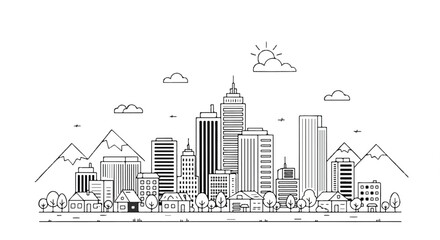 Obraz premium Exploring Urban Cityscape Skyline with Trees Mountains and Sun in a Minimalist Line Drawing from a Panoramic View