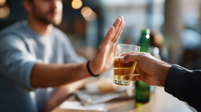 Hand making refusal gesture to alcoholic beverage person declining drink offer from friend showing sobriety choice with alcohol rejection shown clearly social environment with