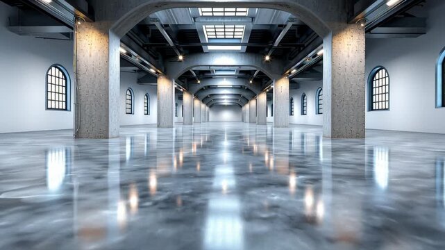 Modern industrial interior with polished concrete floor and arched columns, showcasing a spacious gallery with large windows and bright lighting, ideal for exhibitions or events