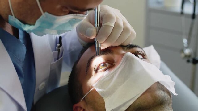 Leaning gloved doctor in white coat checking patient cornea in clinic, using penlight on pupil