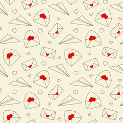 Seamless pattern with envelopes, paper planes, and hearts. Romantic mail background