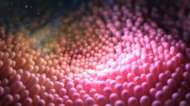 Detailed animation showing the microvilli in the human gut, a crucial component for nutrient absorption and digestion, with a focus on the intricate surface of the small intestine wall